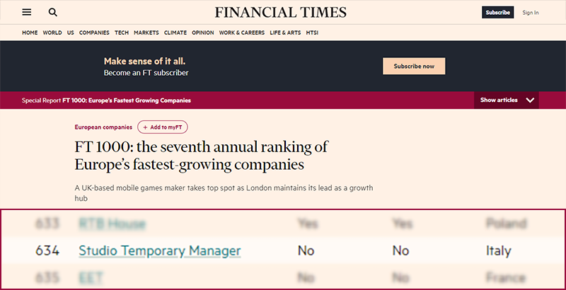 FT 1000: Europe’s Fastest Growing Companies - Financial Times